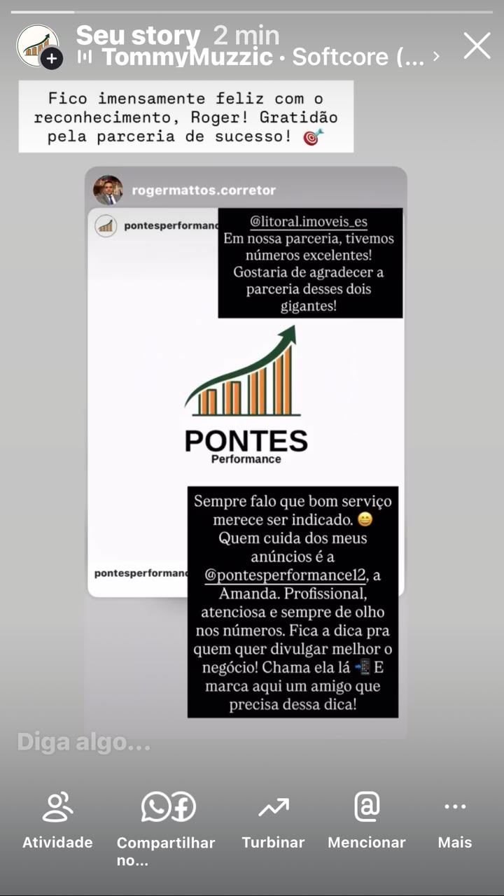 Story de Roger Mattos recomendando o trabalho da Pontes Performance